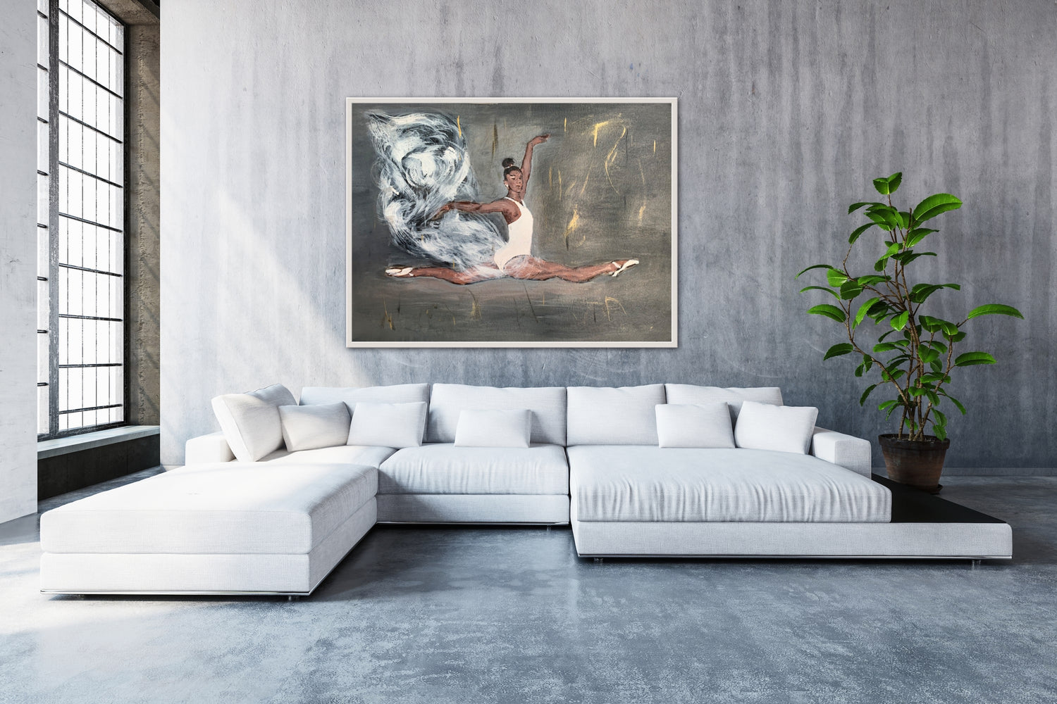 Wall print of ballerina in white leotard and flying white light skirt jumping on grey background with gold accents and appears in flight. Print placed in large living room with white sectional.