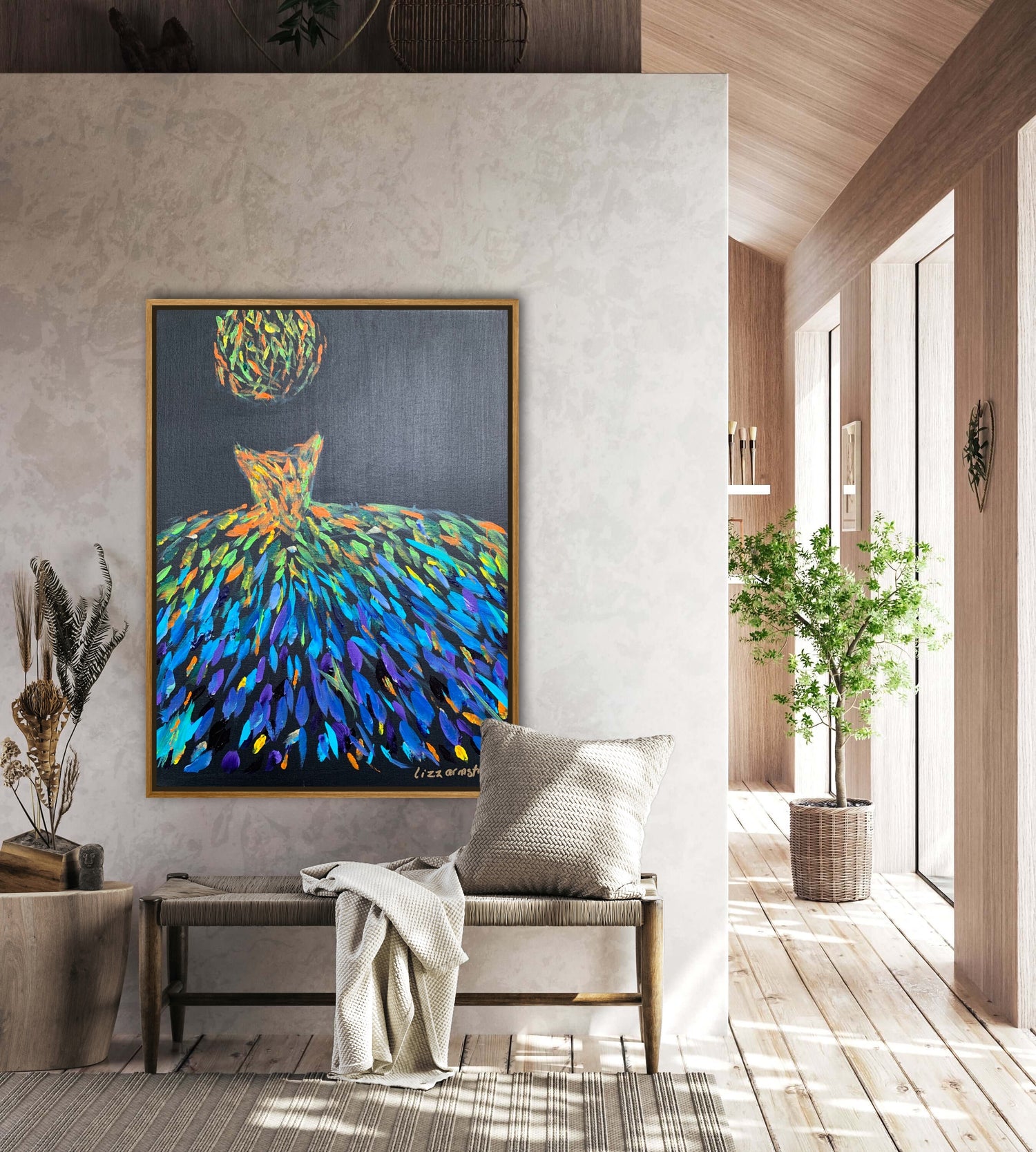 Oranges, yellows, greens, blues, aquas, purples in image of a gown and round ball in all colours on black canvas. Print placed on wall in hallway with furniture. background