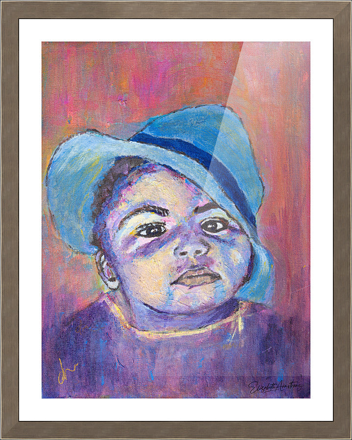 Framed Print of boy in blue hat.