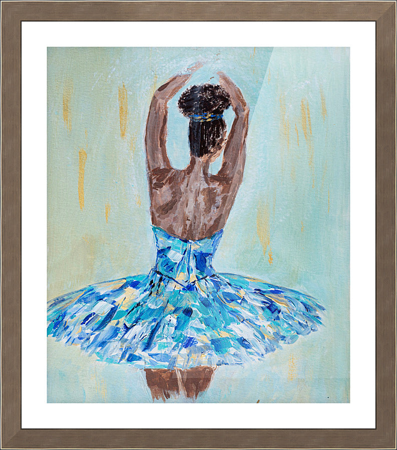 Framed Print in champagne frame of  black or african american ballerina in blue, aqua, white and gold tutu with soft green background with gold accents