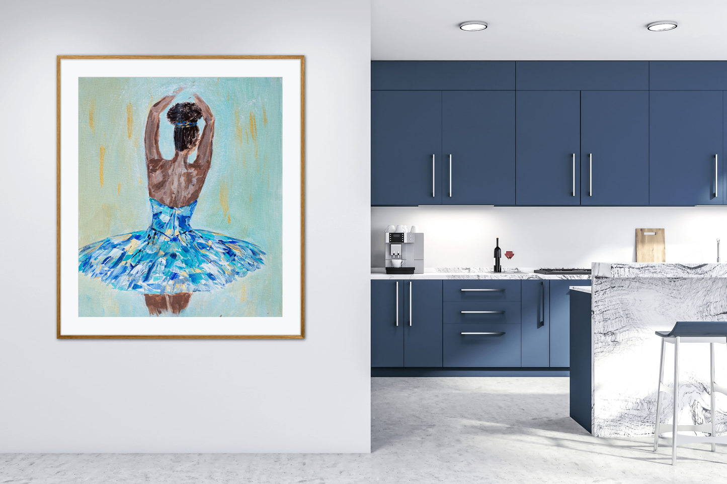 Print featuring black or african american ballerina in blue, aqua, white and gold tutu with soft green background with gold accents in hallway next to blue kitchen