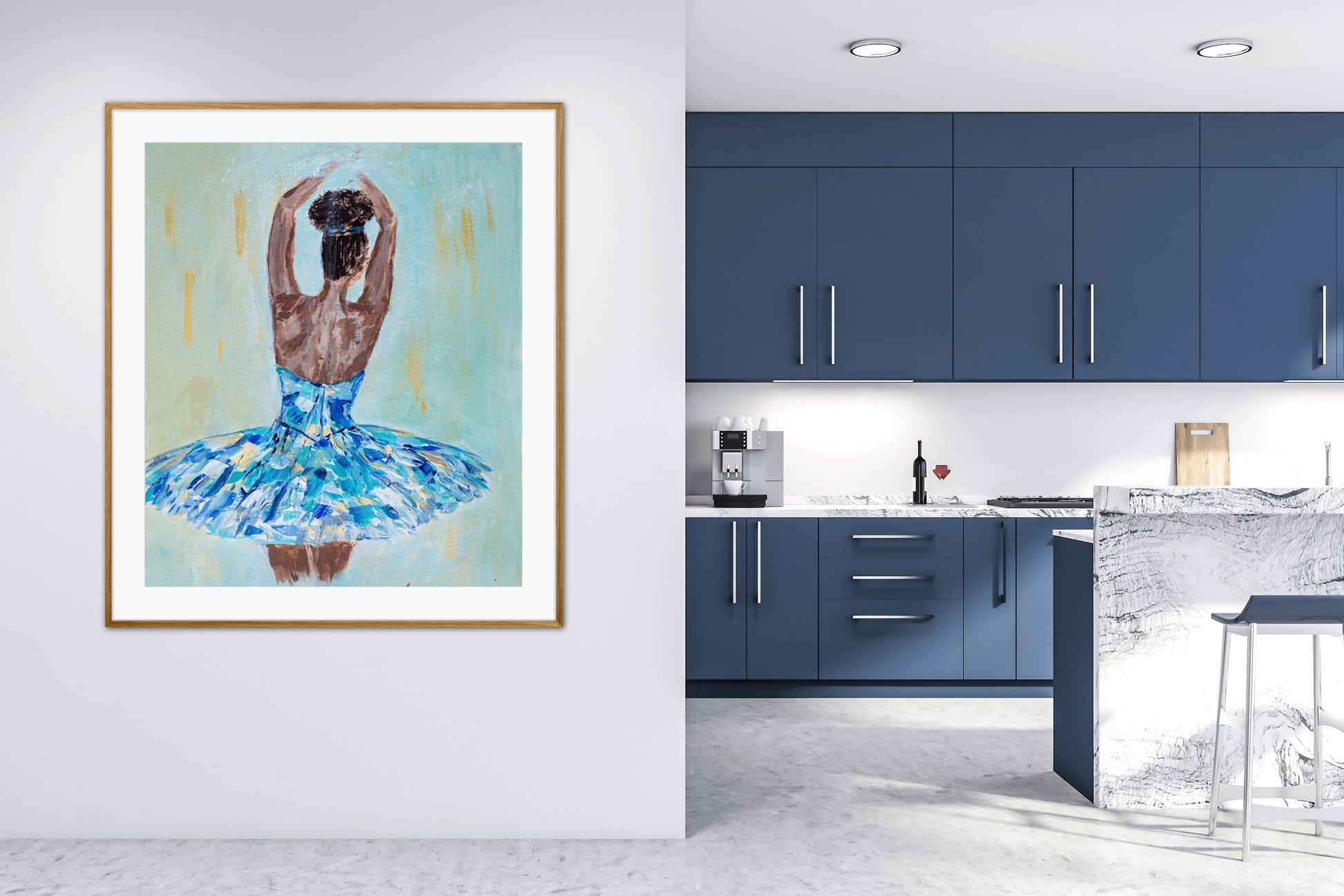 Print featuring black or african american ballerina in blue, aqua, white and gold tutu with soft green background with gold accents in hallway next to blue kitchen